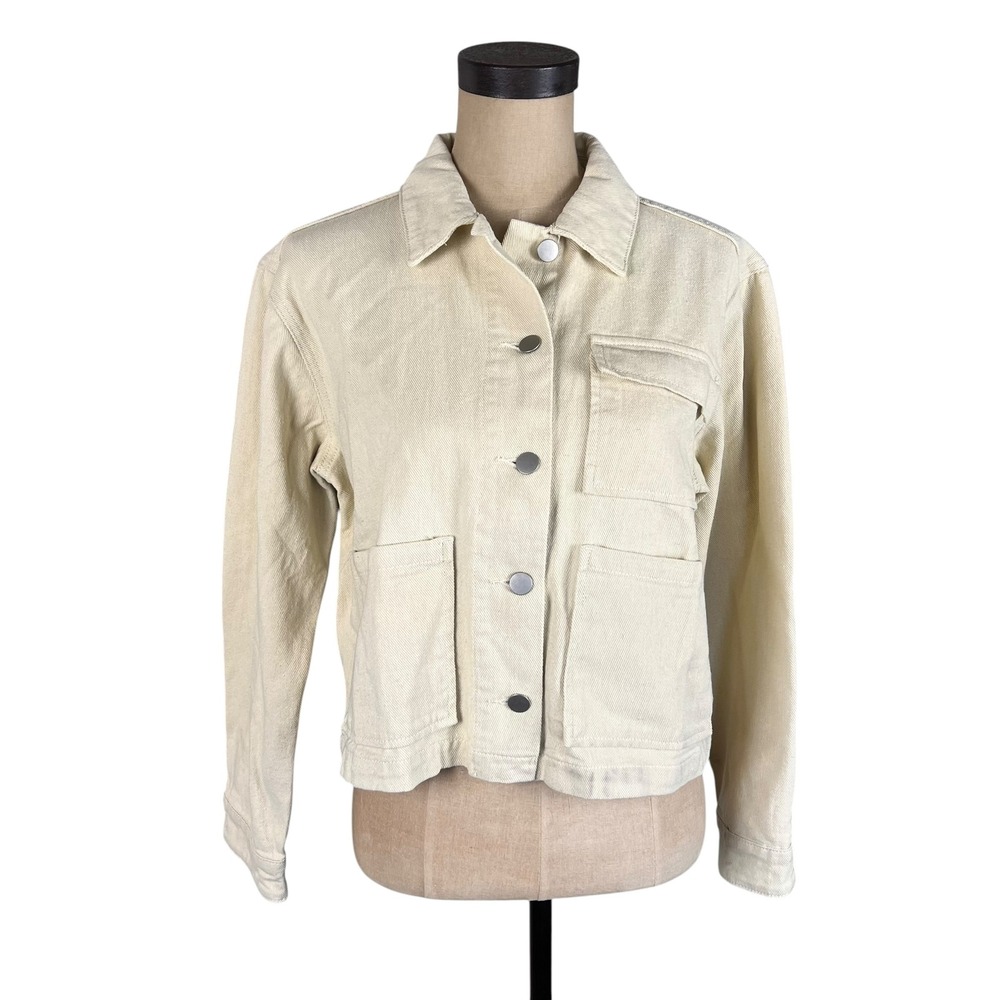 Böhme Women Cream Denim Utility Jacket Button Front Cropped Chore Coat Large NWT